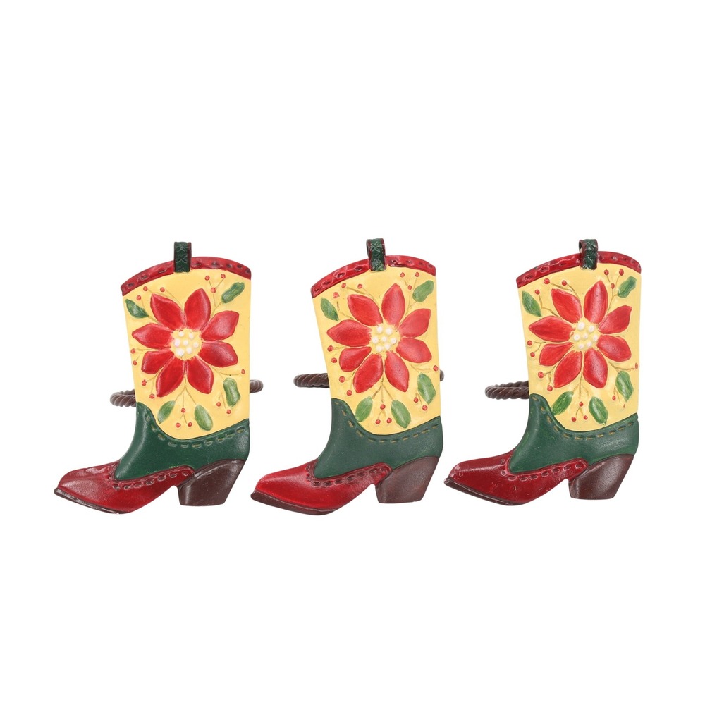 Set of 3 Christmas‎ Cowboy Boot Napkin Rings Metal Poinsettia Western Yuletide